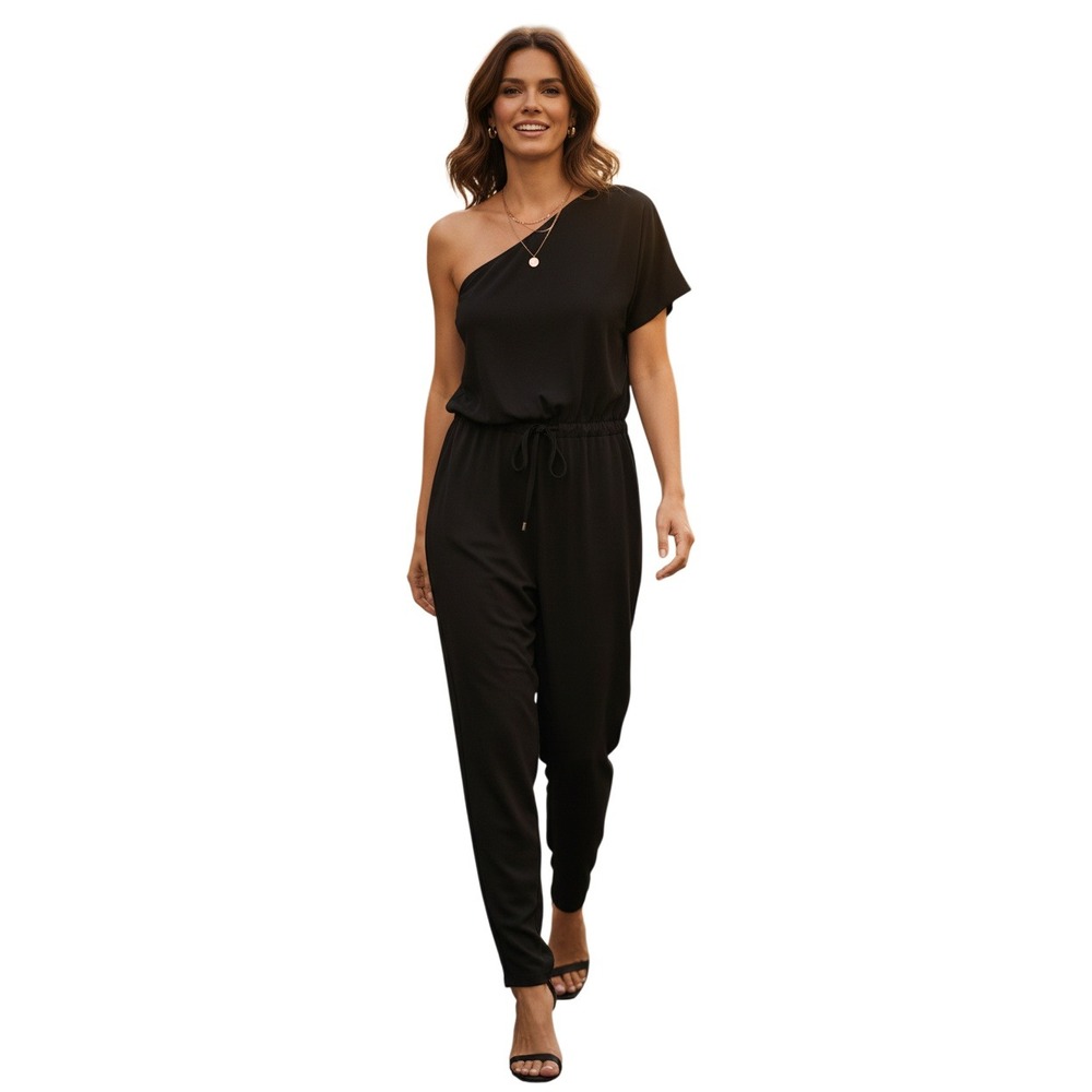 Lauren Ralph Lauren NWT Black One Shoulder Drawstring Jumpsuit S Chic Guest $225